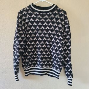 Mens 100% Wool Geometric Jumper Sweater Medium Black Striped Thermal Classic Euc